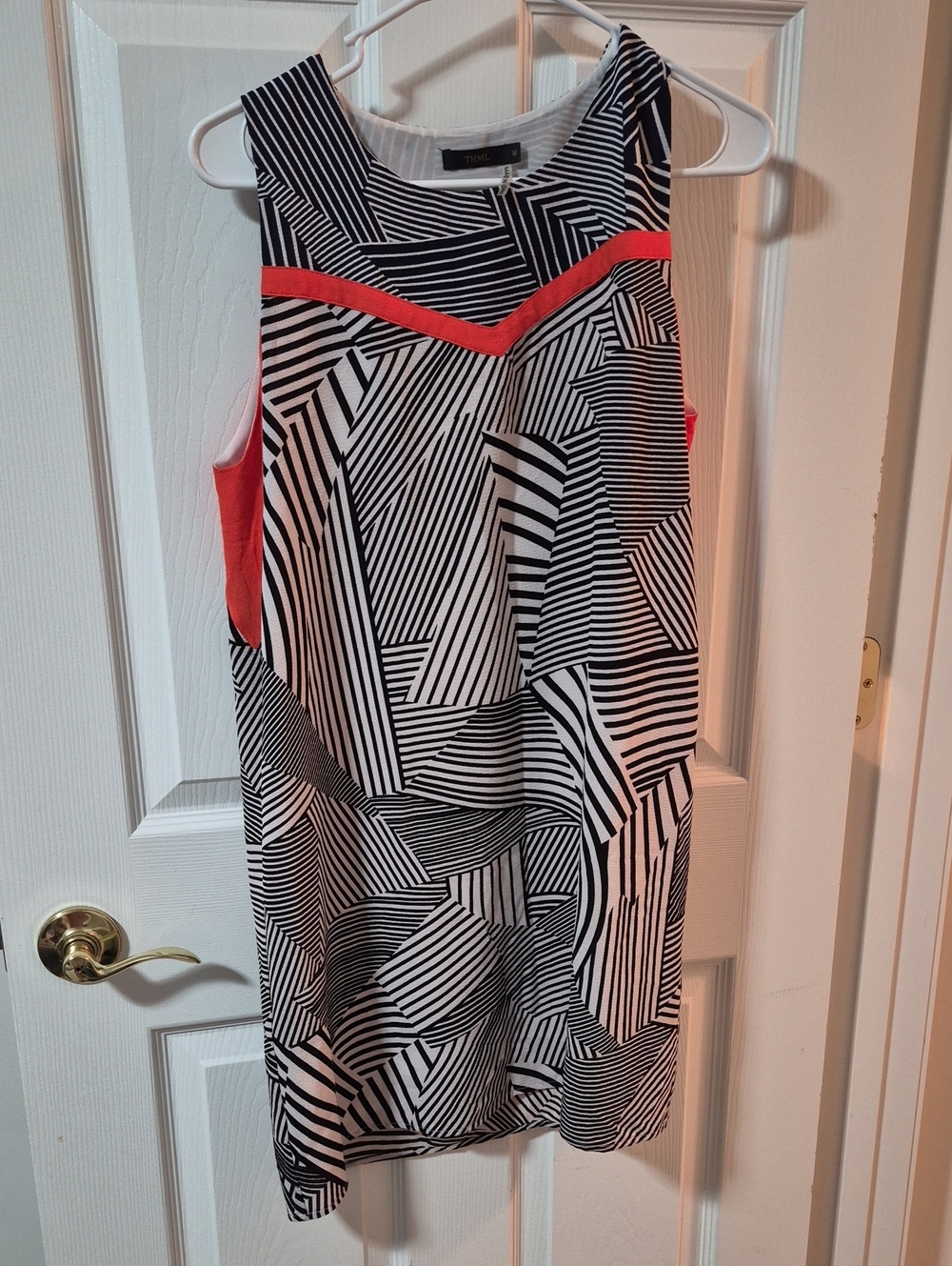 THML Black & White Geometric Shift Dress with Coral Trim